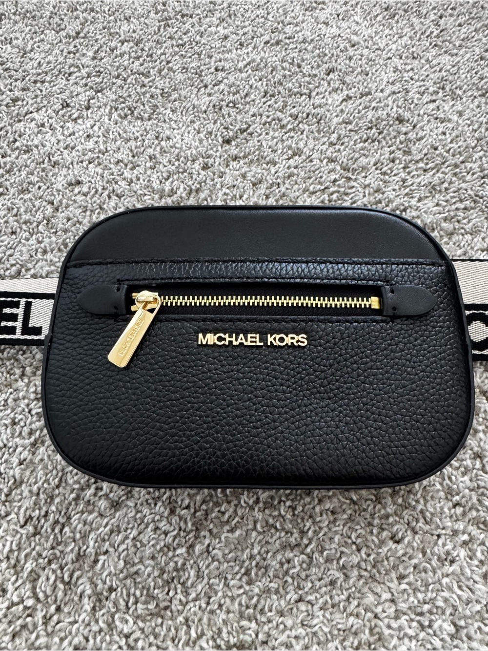 Michael Kors Black Pebbled Leather Crossbody Belt Bag with Gold Hardware
